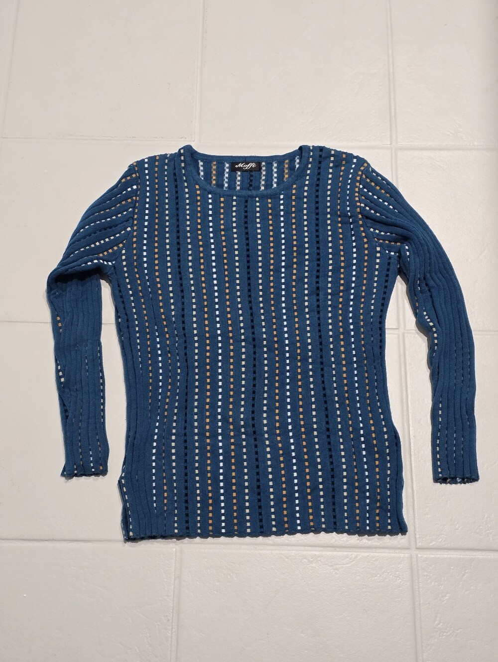 Vintage Moffi Blue Cotton Blend Yellow Square Pattern Business Casual